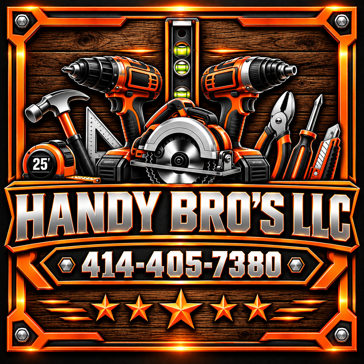 Handy Bro’s LLC logo with orange tools, wood background, and phone number 414-405-7380